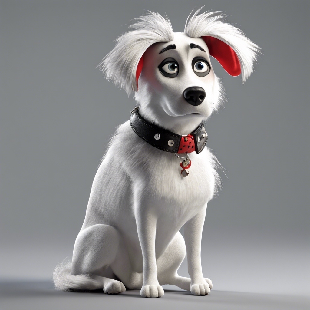 Animated character Max from &quot;The Secret Life of Pets&quot; sitting, wearing a collar with a red tag