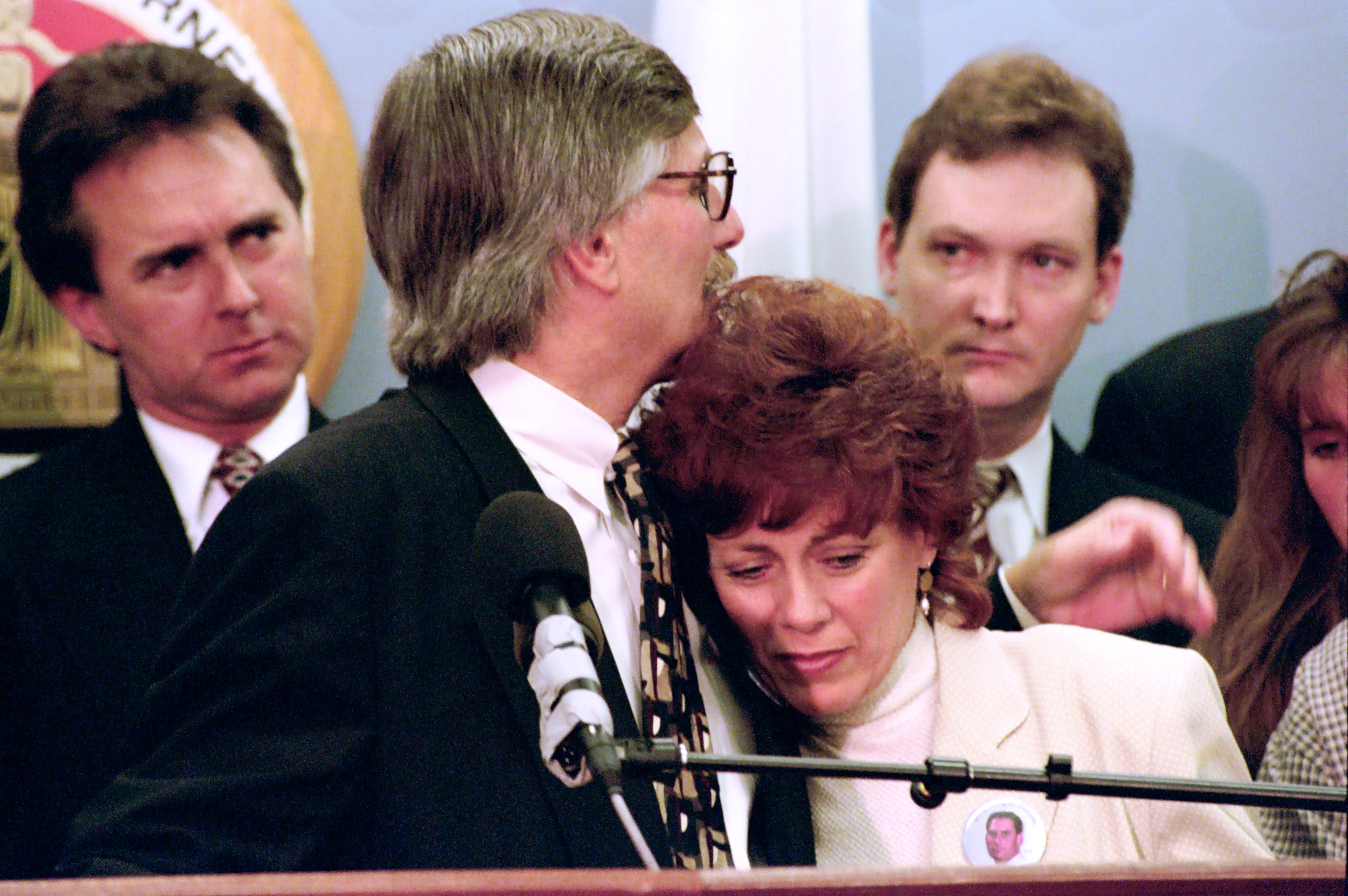 Closeup of Fred Goldman and Sharon Rufo, Ron Goldman&#x27;s parents, during a press conference