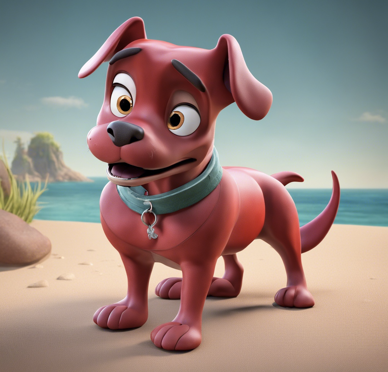 3d AI-generated image of Sebastian from the Little Mermaid as a happy dog with a collar, standing on a beach