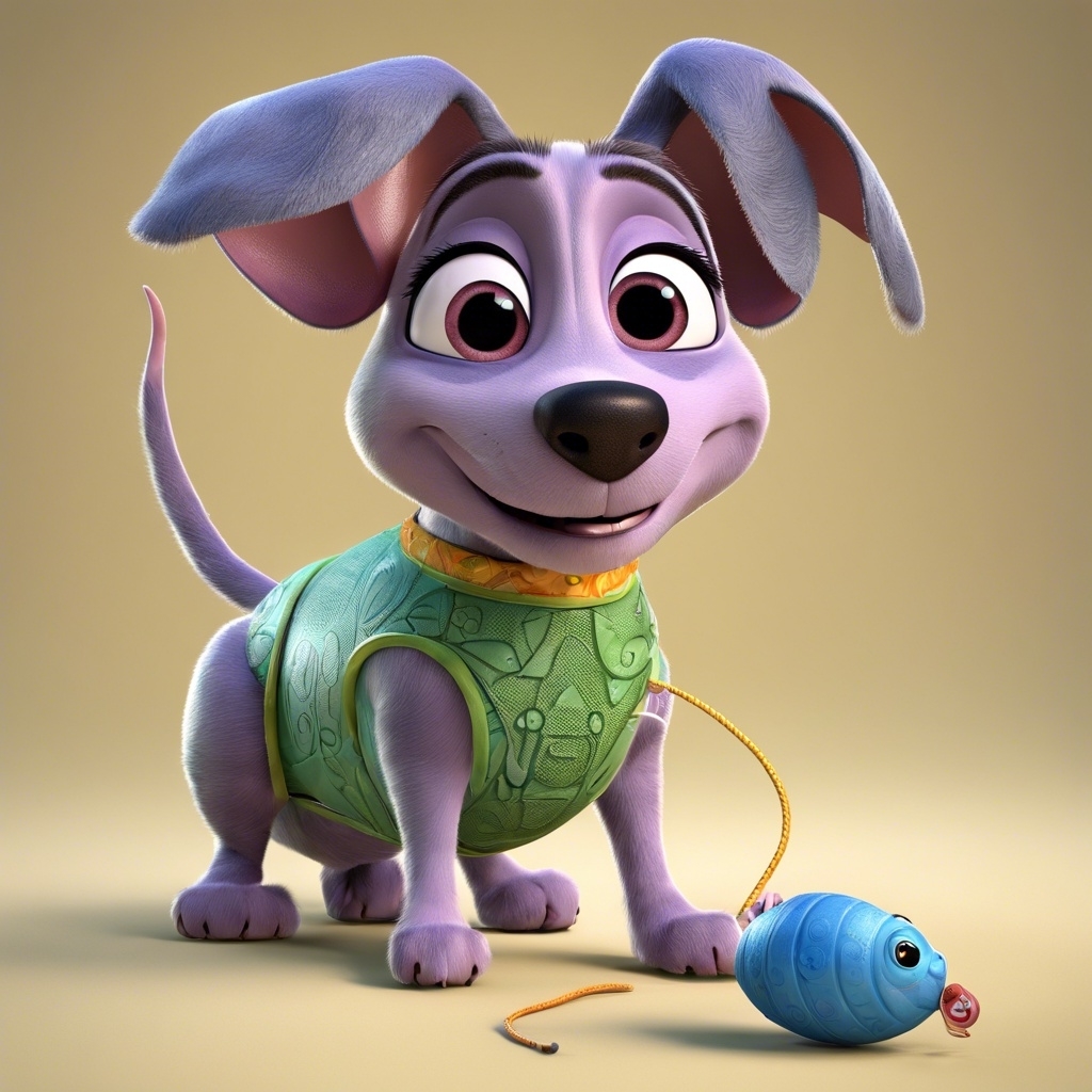 3D AI-generated image of Princess Atta from &quot;A Bug&#x27;s Life&quot; as a dog, wearing a green shirt, with a toy