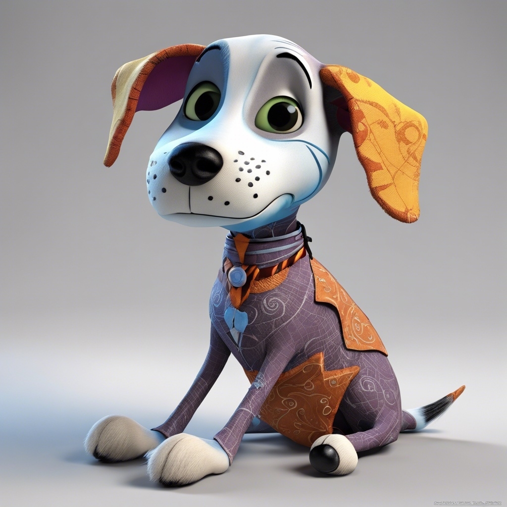 3D AI-generated image of a dog that resembles Sally from &quot;The Nightmare Before Christmas,&quot; looking like it&#x27;s sewn together with fun fabrics