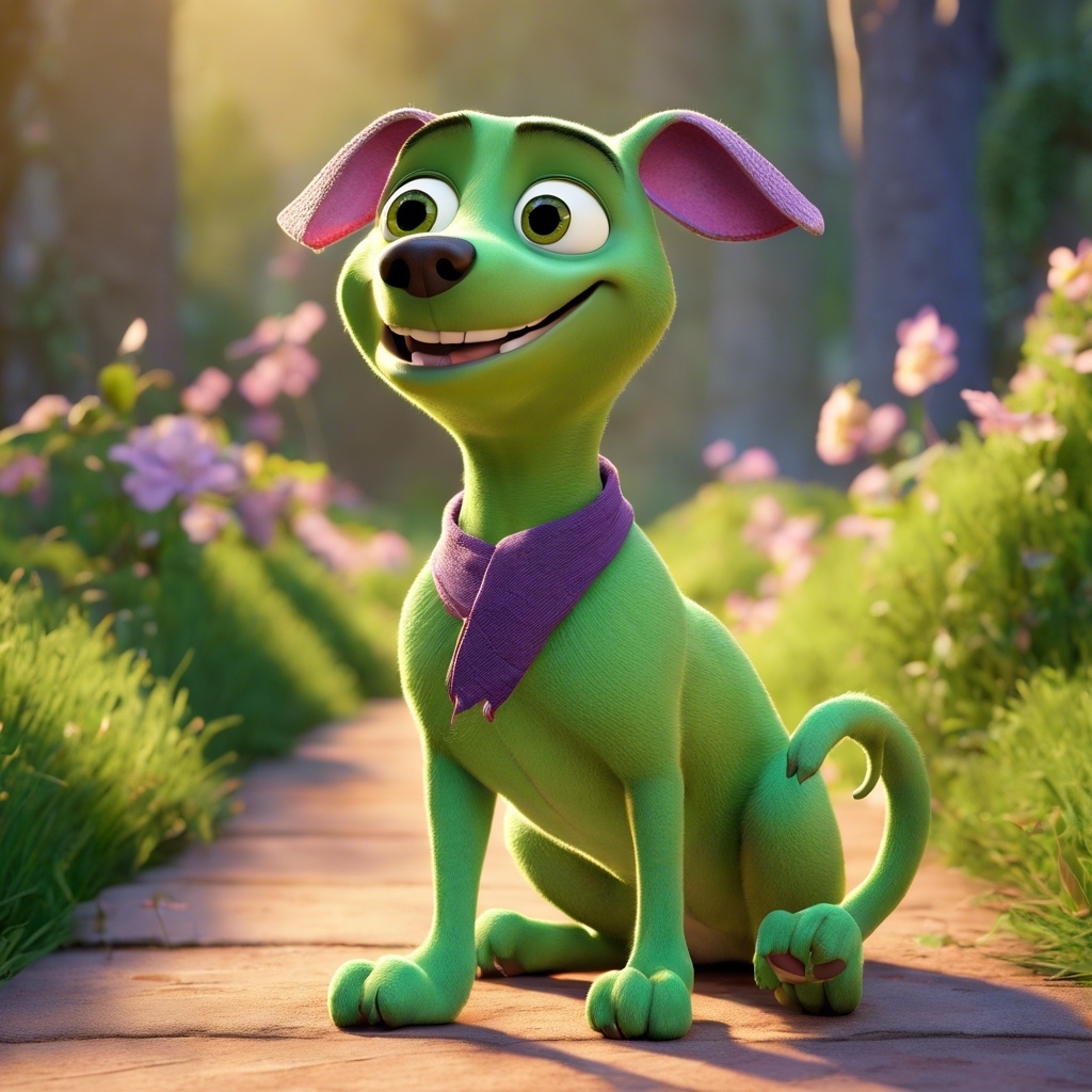 3D AI-generated Pascal from &quot;Tangled&quot; as a green dog with a purple collar, sitting on a path, looking happy