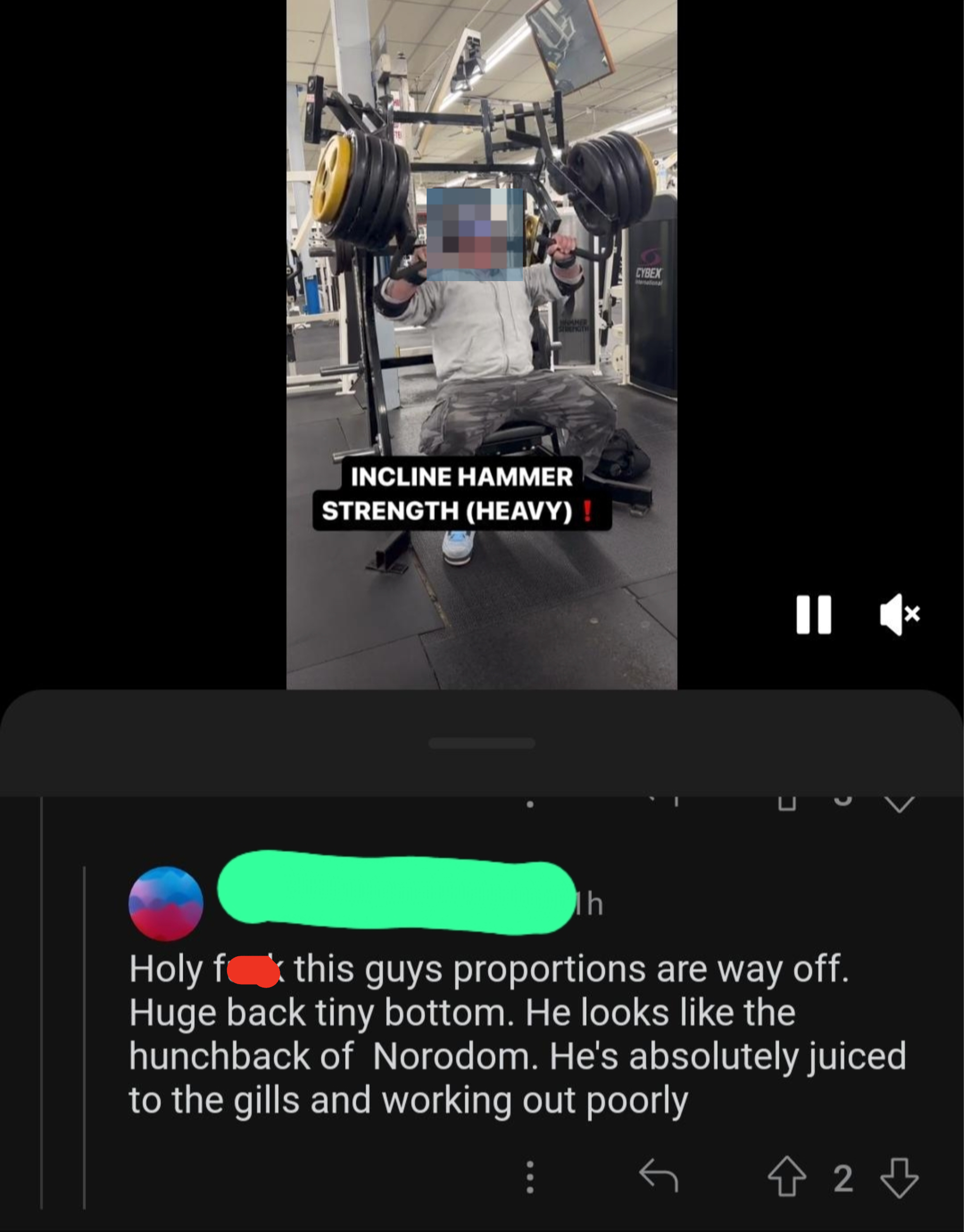 A person lifting heavy weights on an incline bench press machine at the gym. A text overlay and social media comments are present