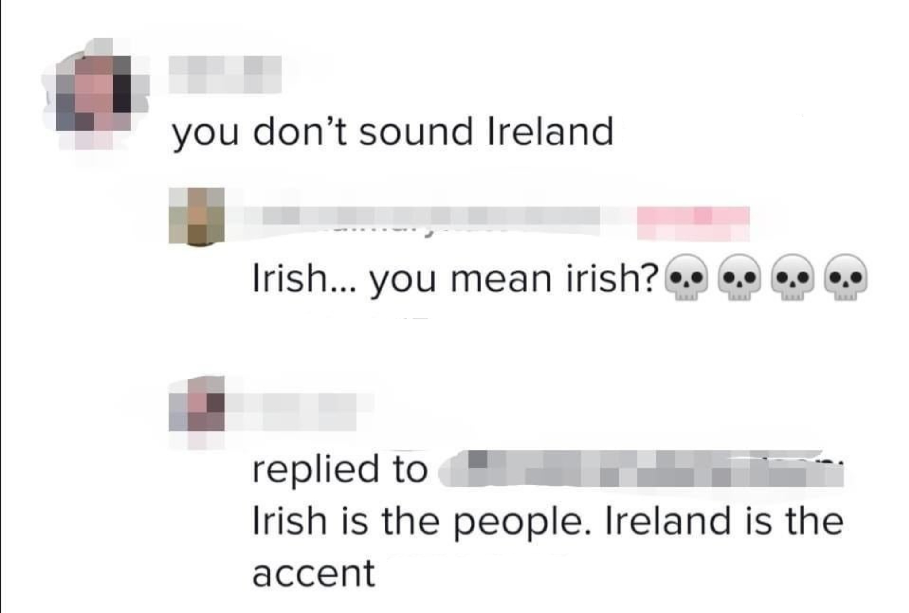 facebook conversation where someone says irish is the people of ireland and ireland is the accent
