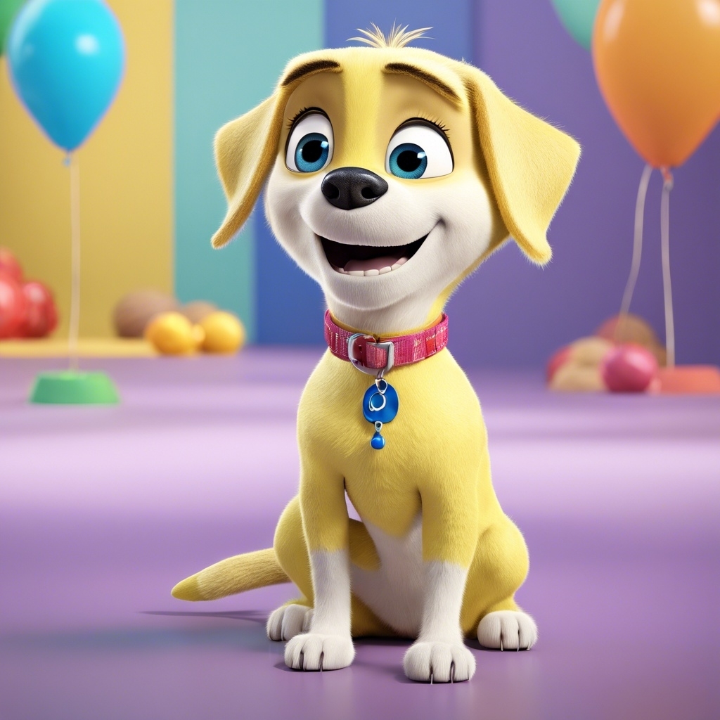 3D AI generated dog character resembling Joy from Inside Out, smiling with balloons in the background