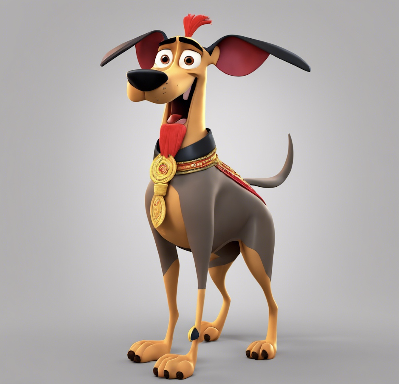 3D AI render of Kuzco from The Emperor&#x27;s New Groove as a dog, wearing a collar with a gold medal
