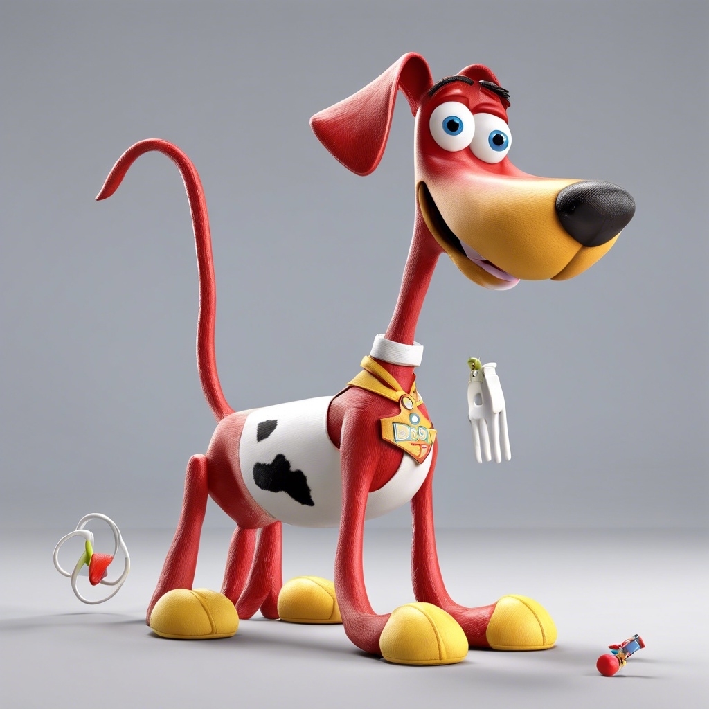 3D AI-generated Forky as a dog, with long legs and crossed eyes, stands with a leash and small items around him
