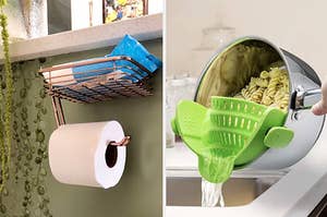 reviewer's TP holder with the rack on top holding wipes / the green snap-on strainer