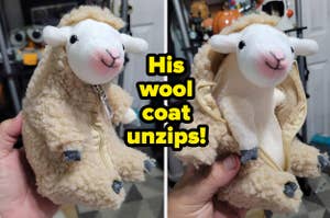 A person holding a plush sheep with a zippered wool coat, text overlay states "His wool coat unzips!"