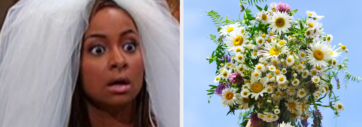 Raven from "That's So Raven" in bridal attire; someone holding a bouquet of wildflowers