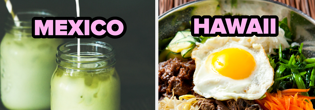 Two dishes representing Mexico and Hawaii, a green drink and a bowl with egg and vegetables