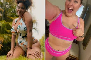 L: a reviewer wearing a floral print one-piece swimsuit, R: a reviewer wearing a sporty two-piece swimsuit in pink with light purple trim