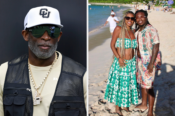 Two images: Left - man in a cap & sunglasses. Right - couple smiling on a beach