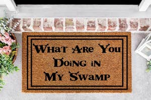Doormat with phrase "What Are You Doing in My Swamp" from Shrek
