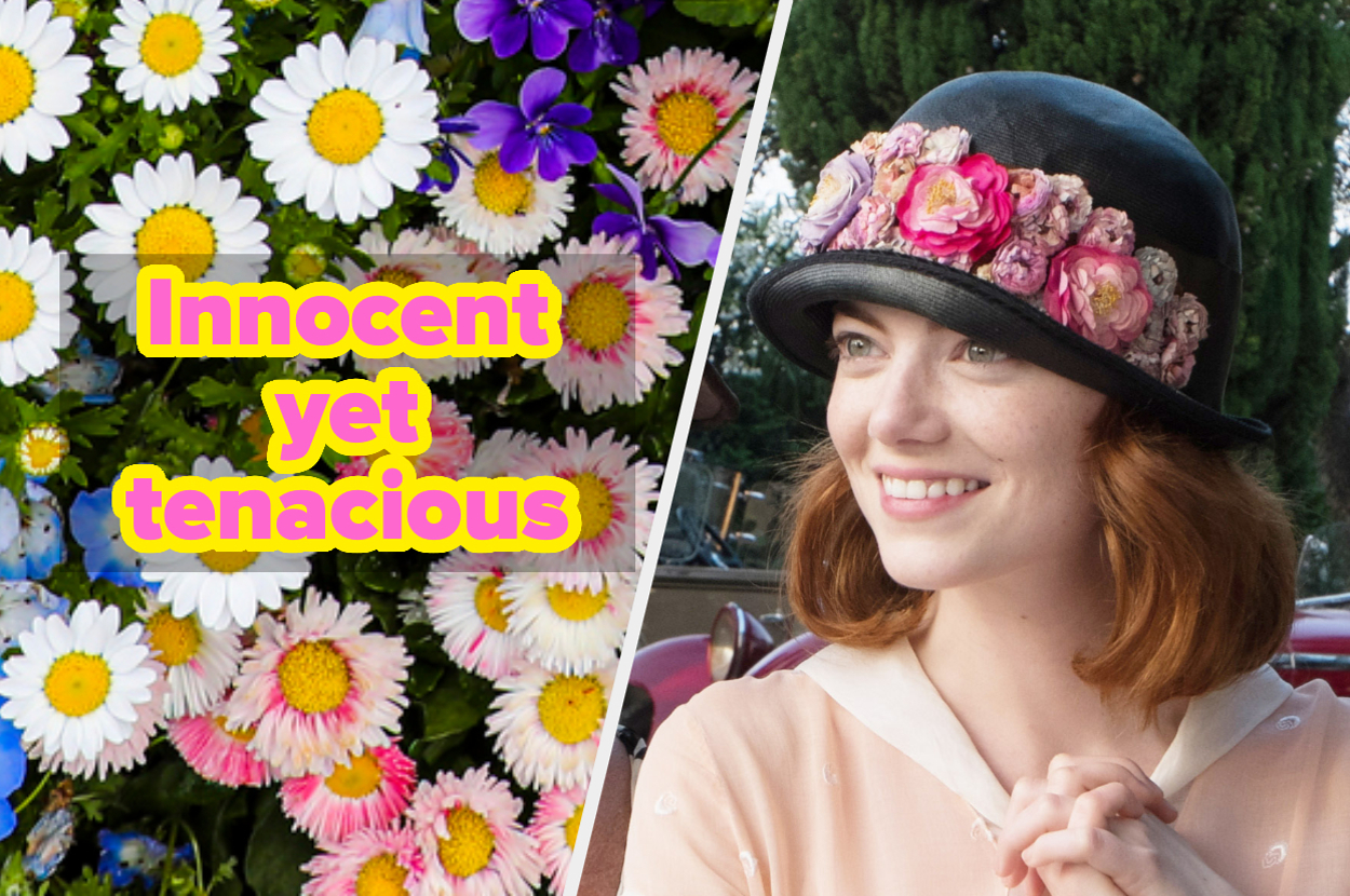 Emma Stone in a floral hat smiles, text on left says "Innocent yet tenacious" overtop of daisies.