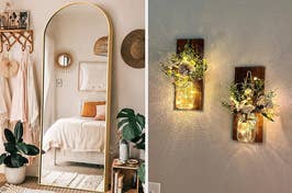 on left: gold-tone arched floor-length mirror; on right: mason jars with flowers and string lights hanging on wall