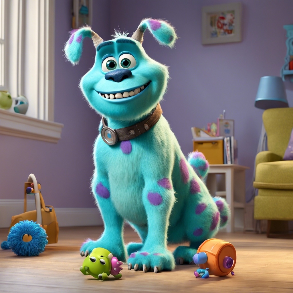 Animated character Sulley from Monsters, Inc. smiling in a child&#x27;s room with toys around