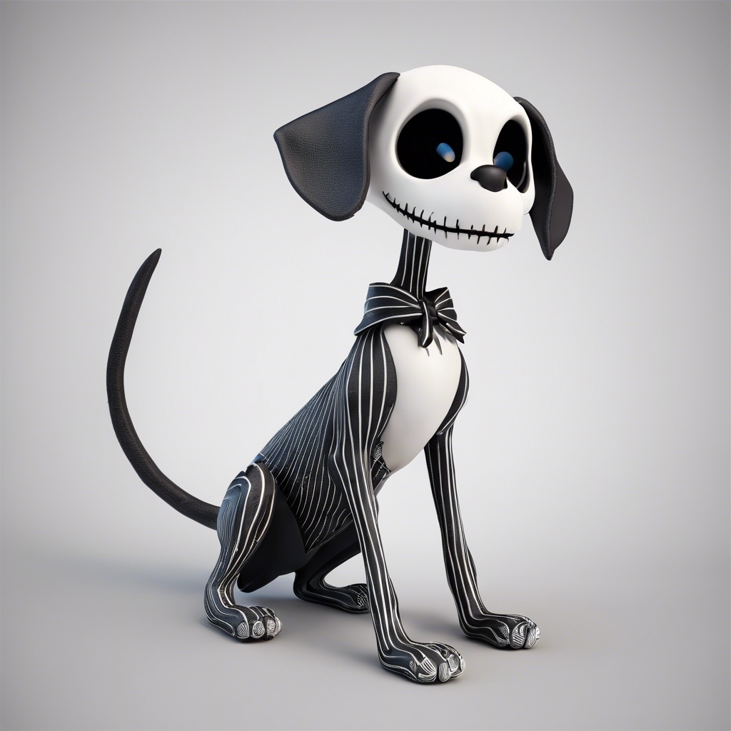 3D AI generated animated dog resembling Jack Skellington with skeletal design and bow ties