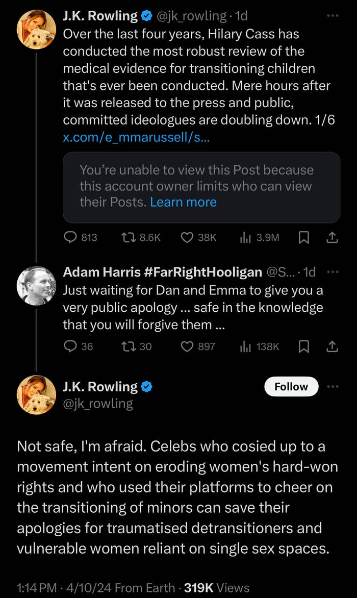 The image contains tweets from J.K. Rowling discussing issues around women&#x27;s rights and expressing her views on a recent controversy
