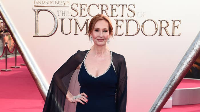 J.K. Rowling at the &#x27;Secrets of Dumbledore&#x27; premiere, wearing a v-neck navy dress with sheer cape sleeves