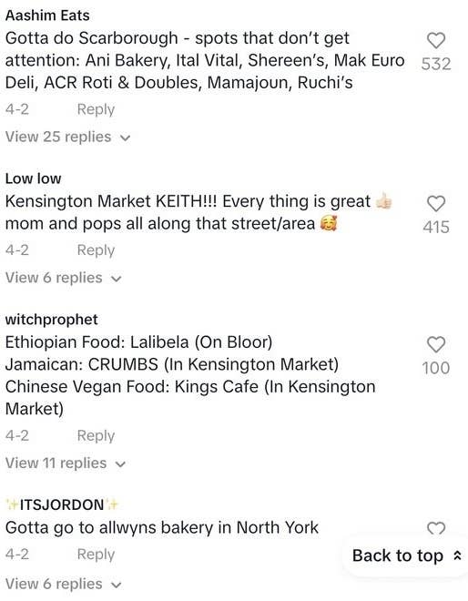 List of various Toronto food spots recommended by users on a social media platform