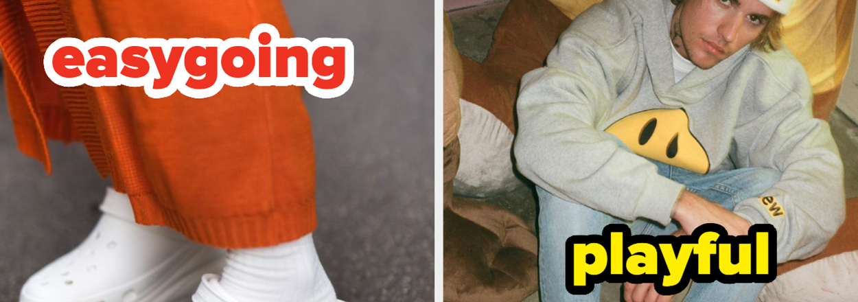 Split image with two different styles of Crocs, one with chunky sole, one with cartoon characters. Text labels "easygoing" and "playful."