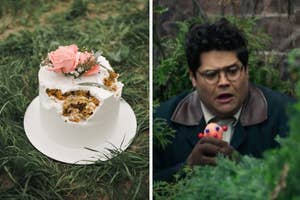 Carrot cake with a slice removed on the left. On the right, a character from the show "Stranger Things" looks surprised