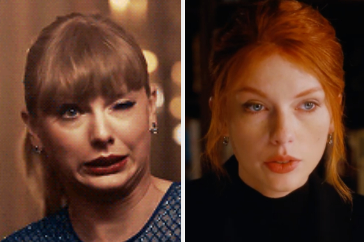 Split image: Taylor Swift crying on the left, and looking serious on the right