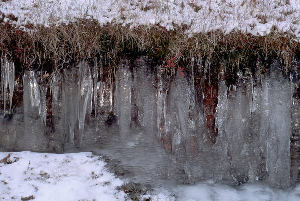Icicles hanging from a snowy bank with frozen ground underneath