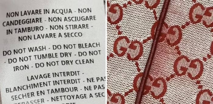 Care label with washing instructions in multiple languages on fabric, next to a close-up of the fabric&#x27;s texture