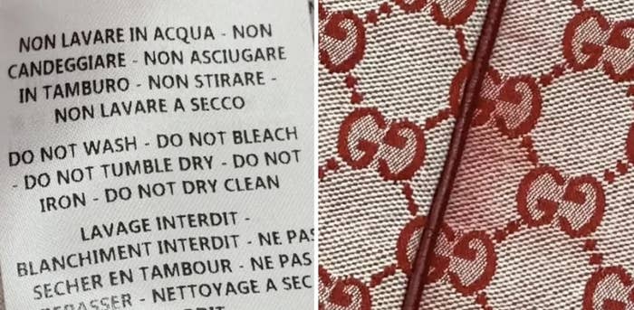 Care label with washing instructions in multiple languages on fabric, next to a close-up of the fabric's texture