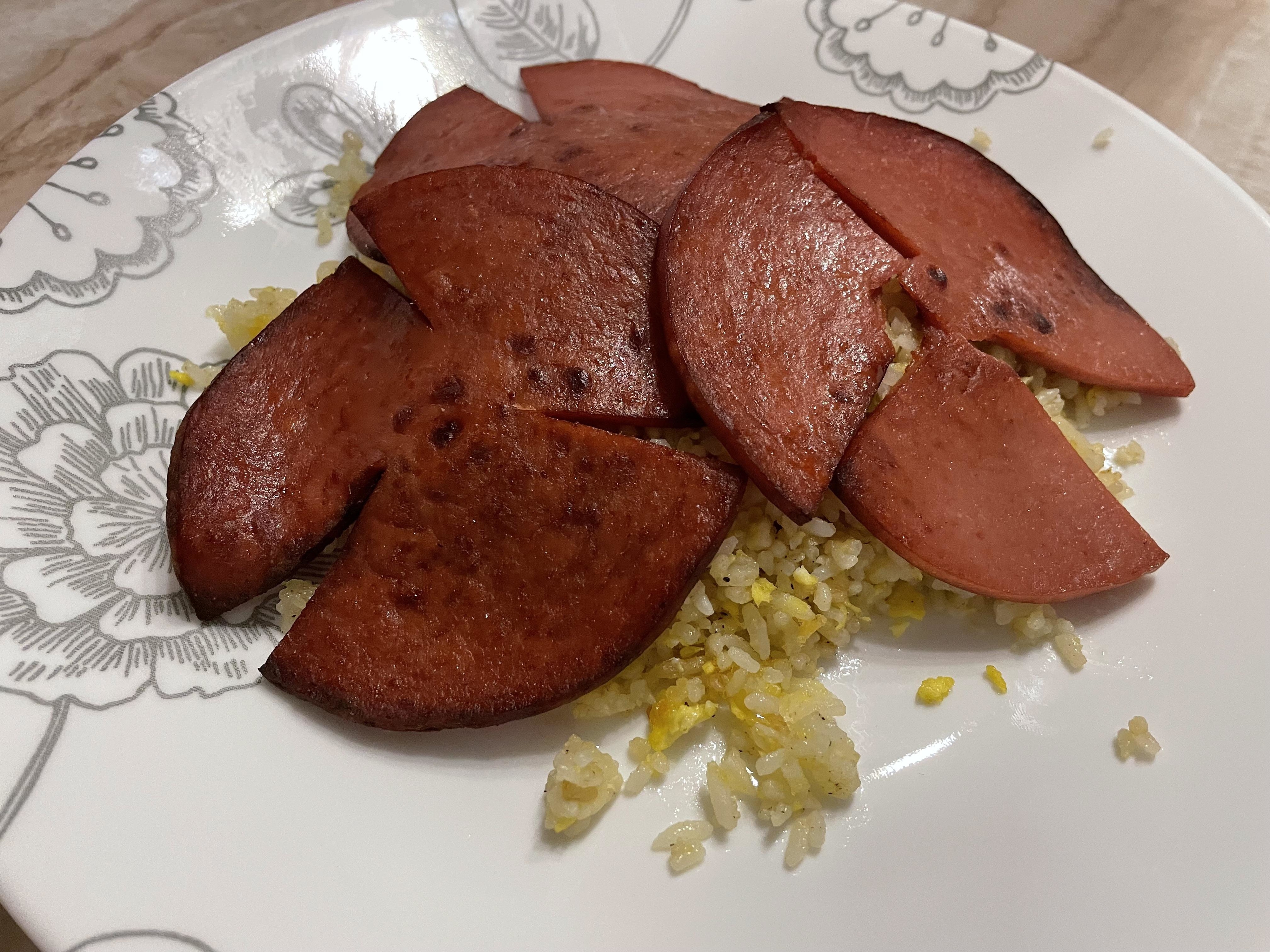 Sliced sausage served on a bed of rice on a patterned plate
