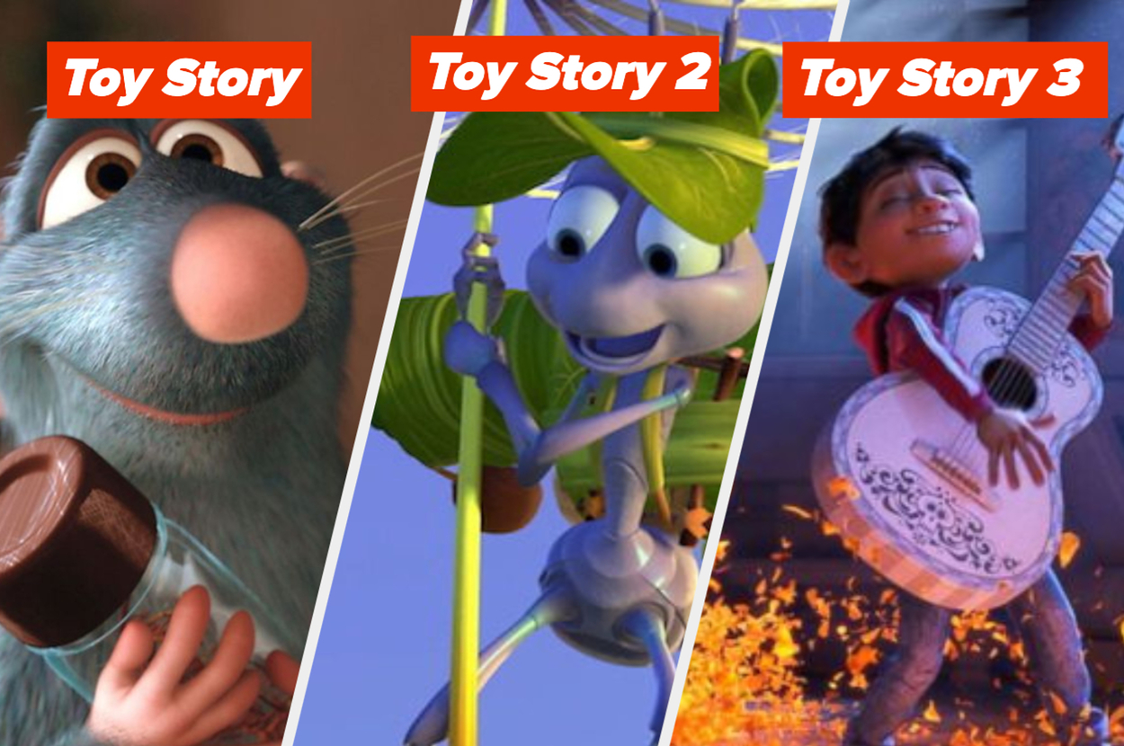 Collage of Toy Story characters: Mr. Potato Head, Flik, and Miguel with logos for Toy Story, Toy Story 2, and Toy Story 3
