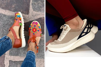 model in handmade huaraches with colorful floral design / model in Kizik sneakers in warm taupe color