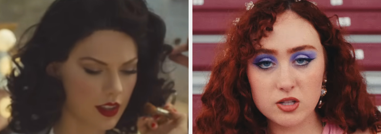 On the left, Taylor Swift in the Wildest Dreams music video labeled Old Hollywood Core, and on the right, Chappell Roan in the Hot to Go music video labeled Bubblegum Girl