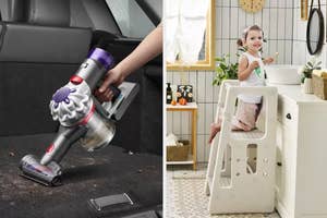 Person using a handheld vacuum on a car interior; a child with a step stool in a kitchen