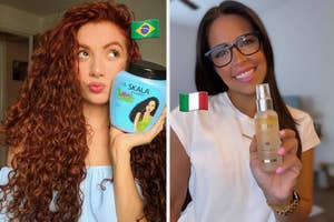 Two women posing with hair care products, one holding a Skala product, the other an Alfaparf item, endorsing their use
