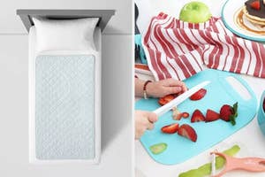 A split image showing a white over-the-sink cutting board and a blue cutting board with sliced strawberries