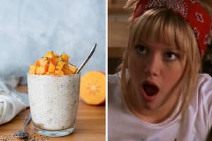 Bowl of oatmeal with diced mango on top, beside a whole mango; side-by-side with a surprised young girl wearing a headband