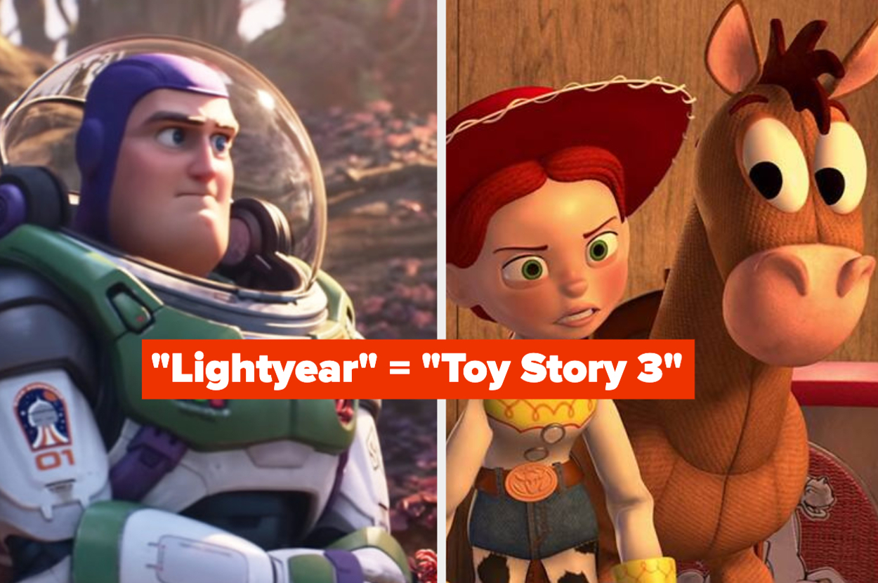 Buzz Lightyear and Jessie from Toy Story with comparison text between "Lightyear" and "Toy Story 3."
