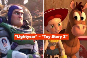 Buzz Lightyear and Jessie from Toy Story with comparison text between "Lightyear" and "Toy Story 3."