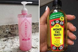 Two bottles of skin care products, one labeled 'Tiki Tahiti' with a floral design, the other in Japanese