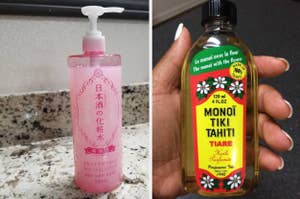 Two bottles of skin care products, one labeled 'Tiki Tahiti' with a floral design, the other in Japanese
