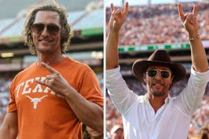 Matthew McConaughey at a sports event wearing a Longhorns shirt in one and a white button-down with a hat in another