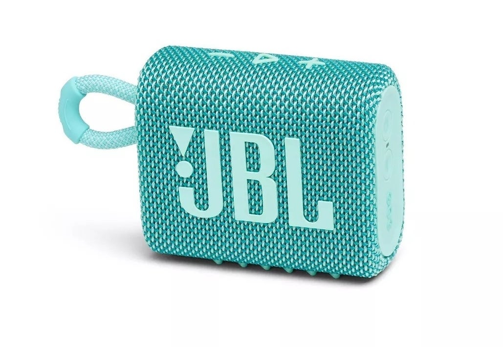 Portable teal JBL Bluetooth speaker on a white background