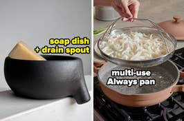 Two kitchen items: a black soap dish with drain spout and an Always pan with strainer used for pasta
