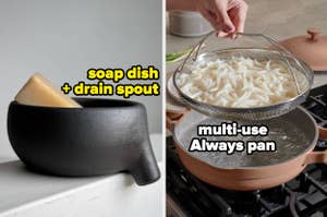 Two kitchen items: a black soap dish with drain spout and an Always pan with strainer used for pasta