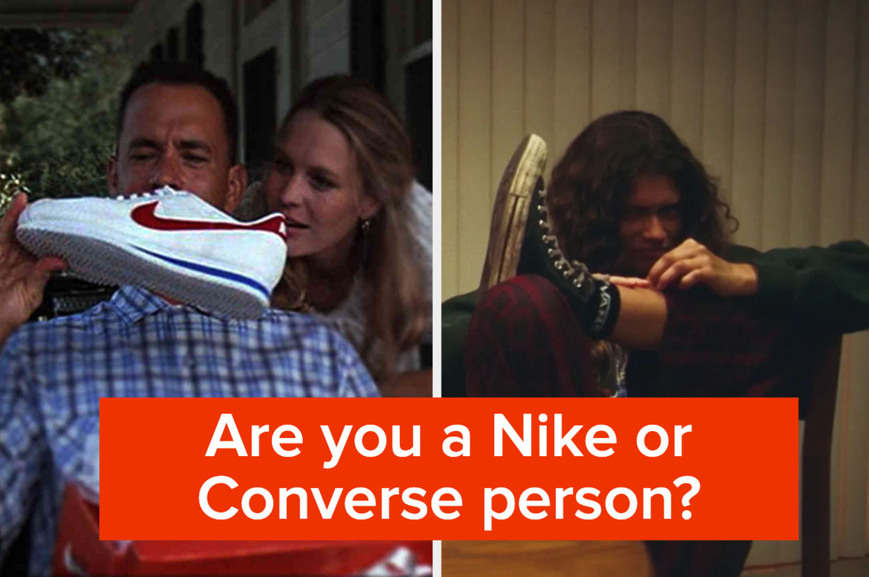 Split screen of two people holding Nike and Converse shoes, prompting a brand preference