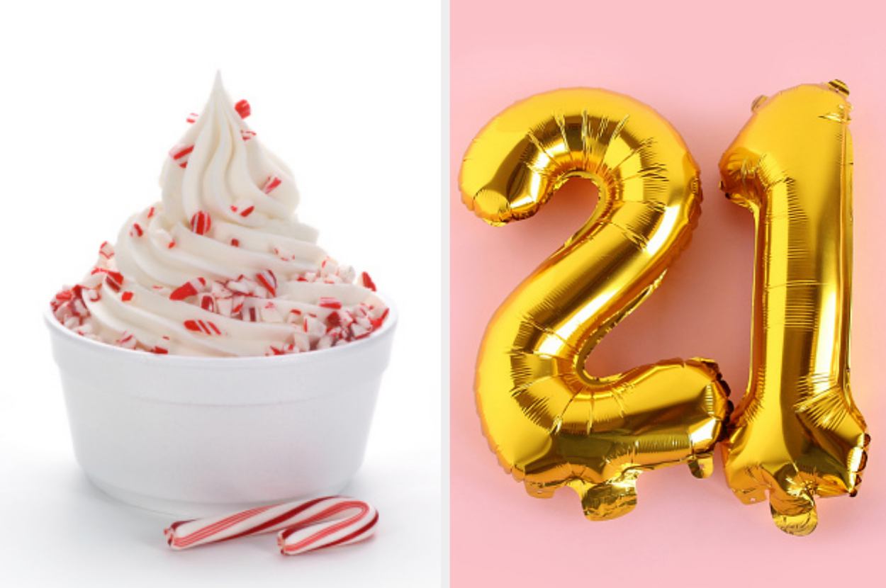 A bowl of frozen yogurt with candy cane pieces and inflatable golden balloons in the shape of the number 21