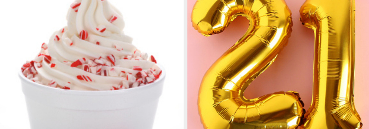 A bowl of frozen yogurt with candy cane pieces and inflatable golden balloons in the shape of the number 21